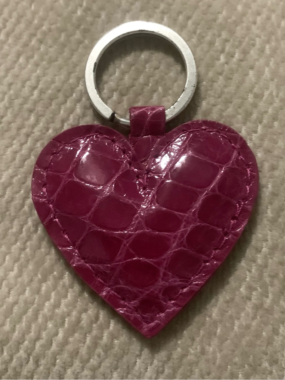 Glazed Magenta Pink Heart Shaped Alligator Leather Keyring Handmade in USA